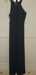Long navy blue dress with layer of chiffon on top